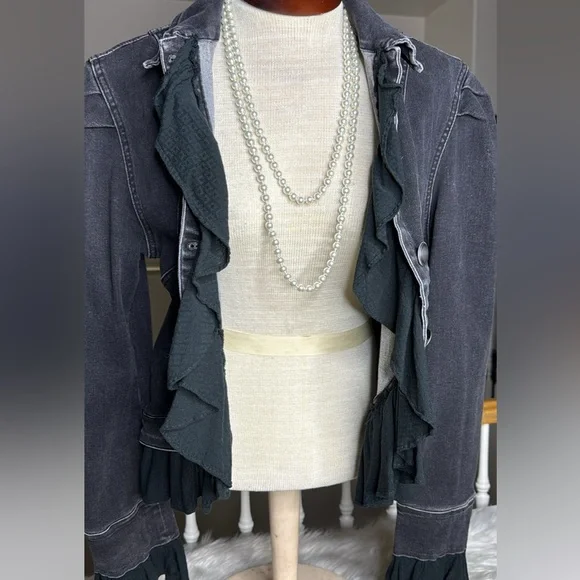 Free People Black Gray Denim Jacket Size Medium Las Vegas Embellished Unique - Picture 6 of 8